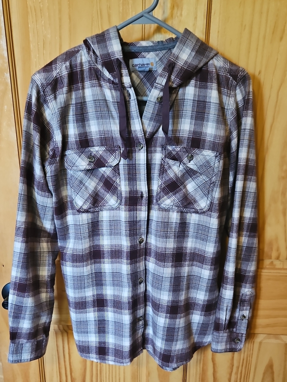 Carhartt Hooded Plaid Flannel Shirt - Maroon and Cream. M